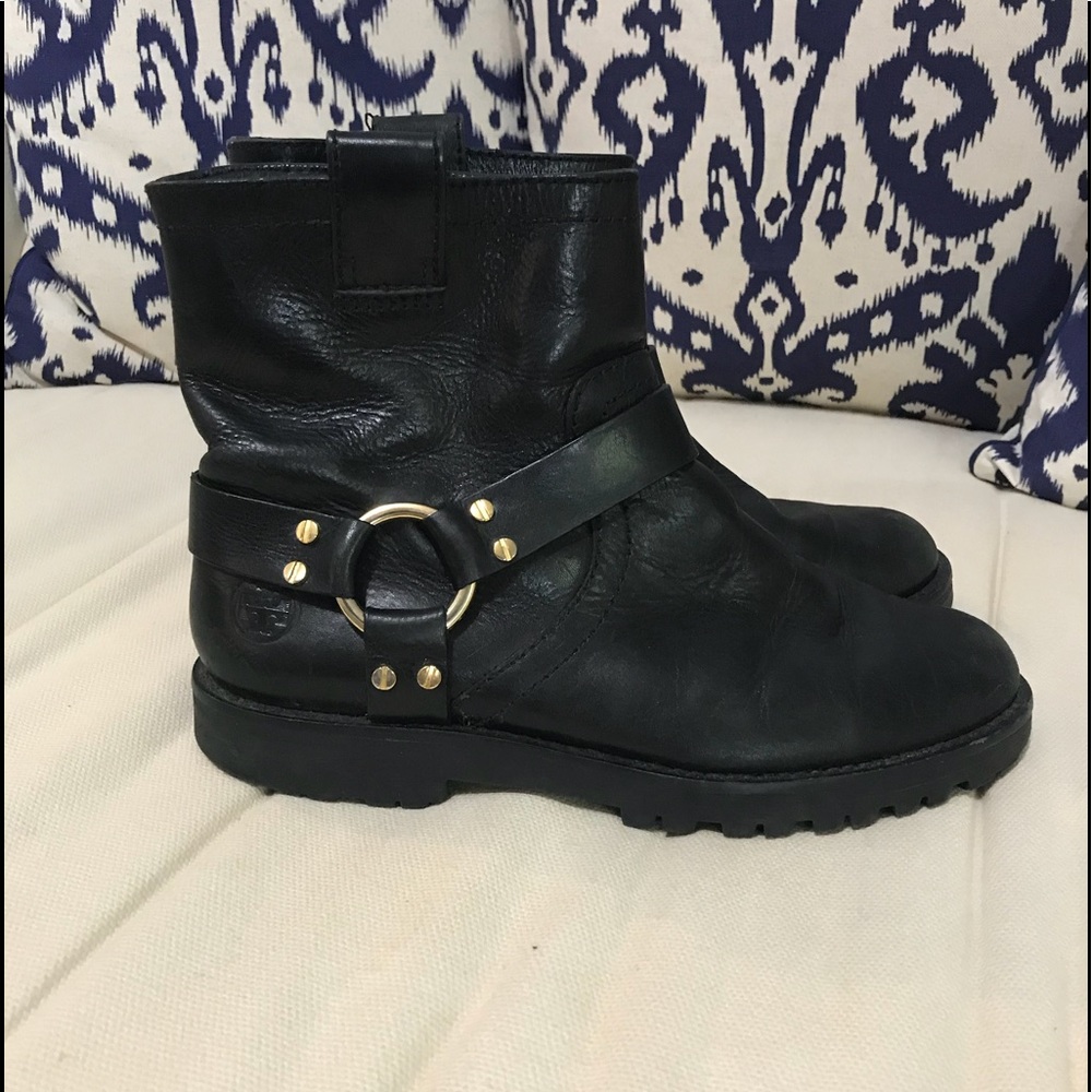 Tory Burch Black Ankle Boots with Gold Accents